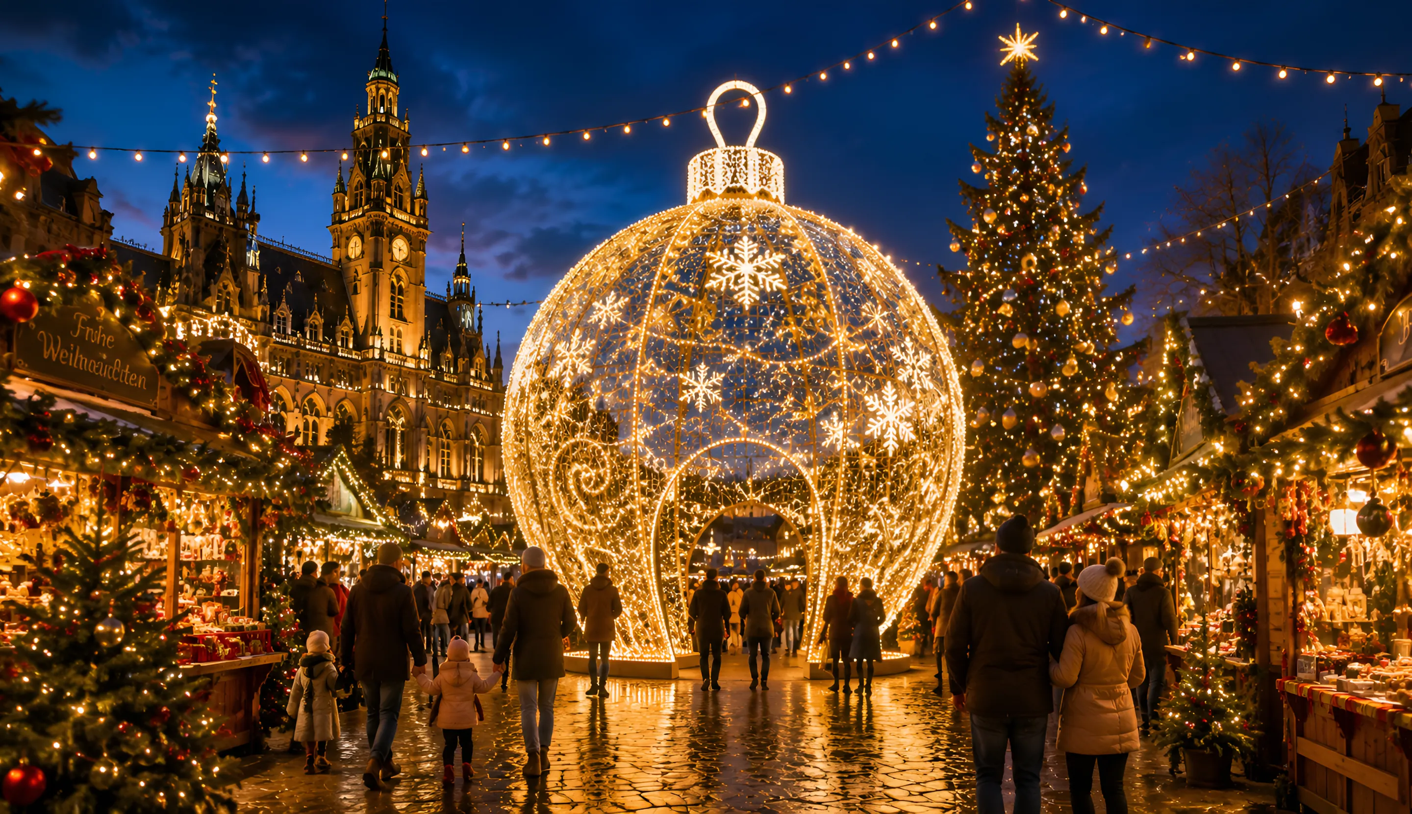 Beleuchtete Riesenkugel auf einem Adventmarkt